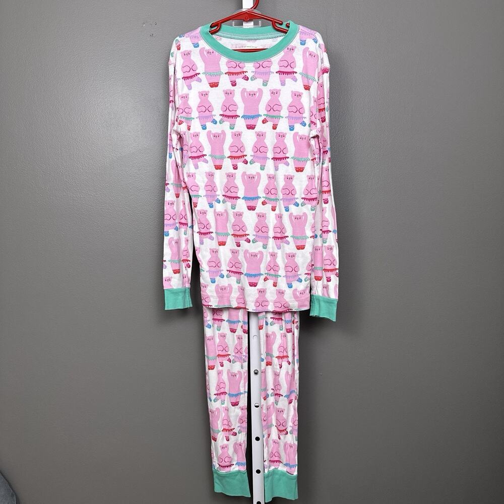 Garnet Hill Kids Pajama Set 10 Green Cotton Dancing Bears Long Sleeve Top Pant